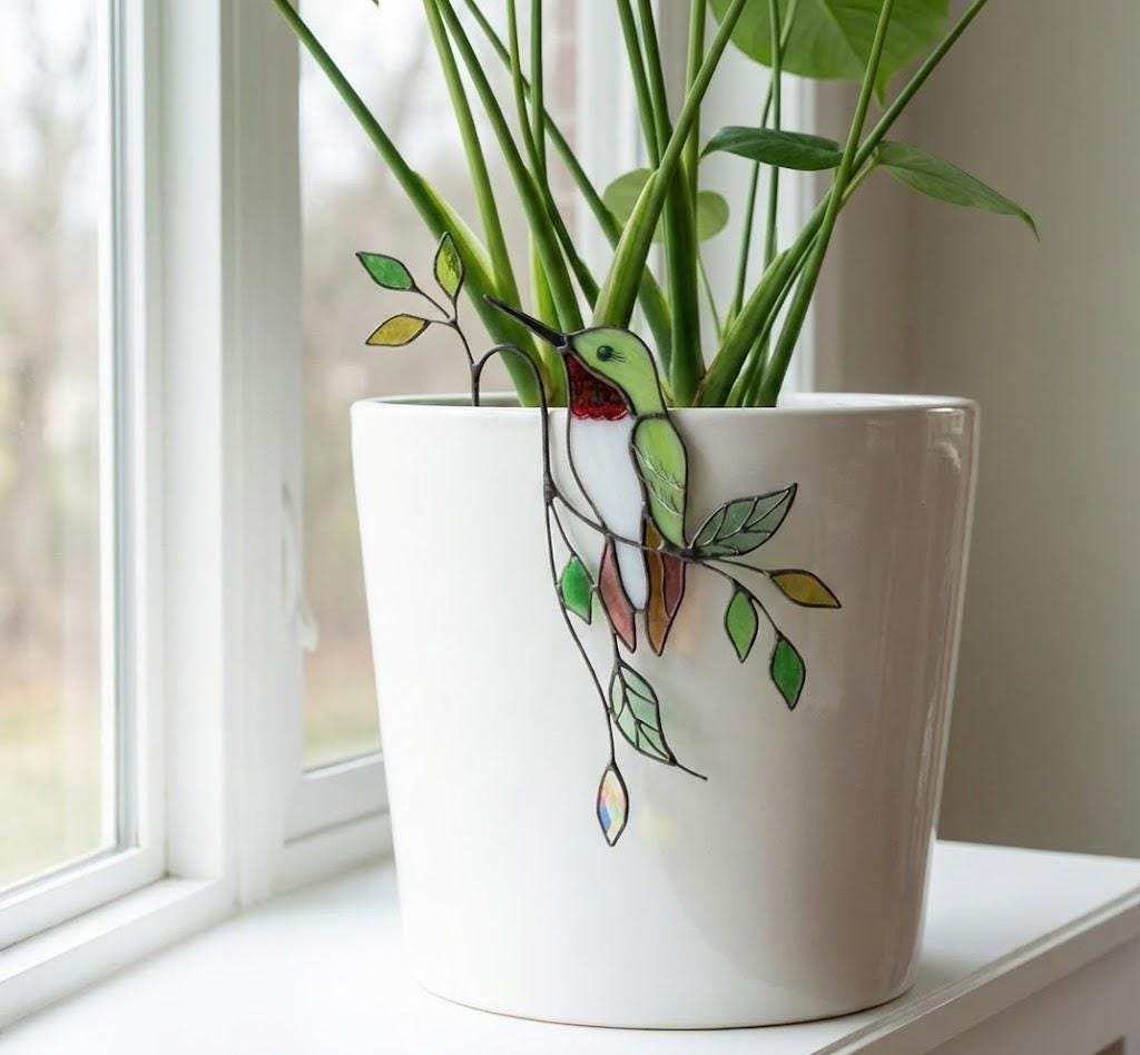 Stained Glass Bird Plant Stake, Hummingbird Cardinal Suncatcher, Indoor Garden Pot Decor, Butterfly Flower Pot Sitter, Gift for Mom Grandma