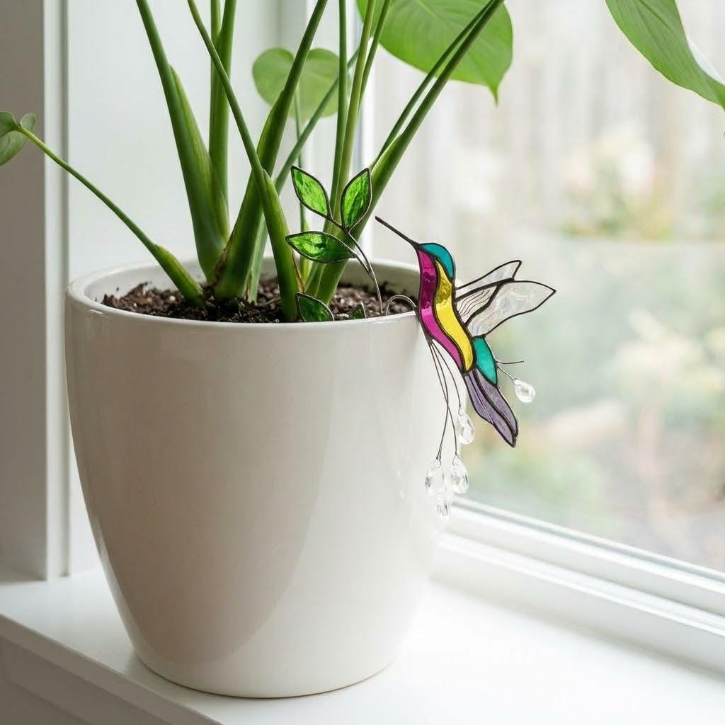 Stained Glass Bird Plant Stake, Hummingbird Cardinal Suncatcher, Indoor Garden Pot Decor, Butterfly Flower Pot Sitter, Gift for Mom Grandma