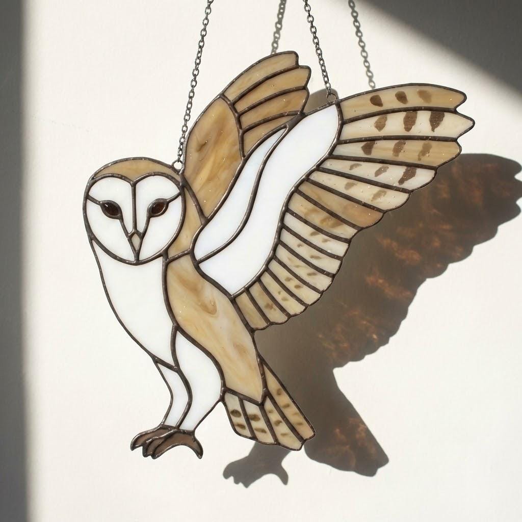 Barn Owl Stained Glass Suncatcher | Woodland Nursery Decor | Bird Lover Gift for Mom | Cottagecore Window Hanging | White Nature Art