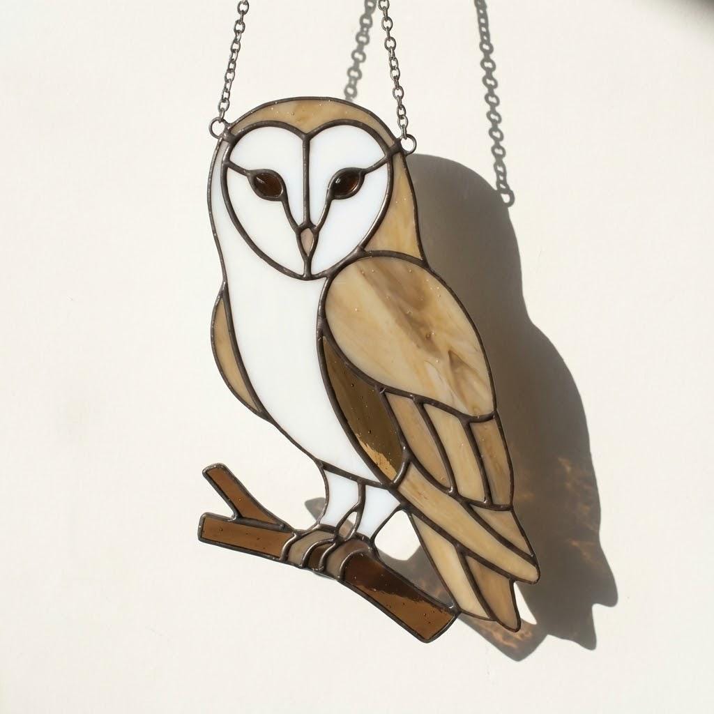 Barn Owl Stained Glass Suncatcher | Woodland Nursery Decor | Bird Lover Gift for Mom | Cottagecore Window Hanging | White Nature Art