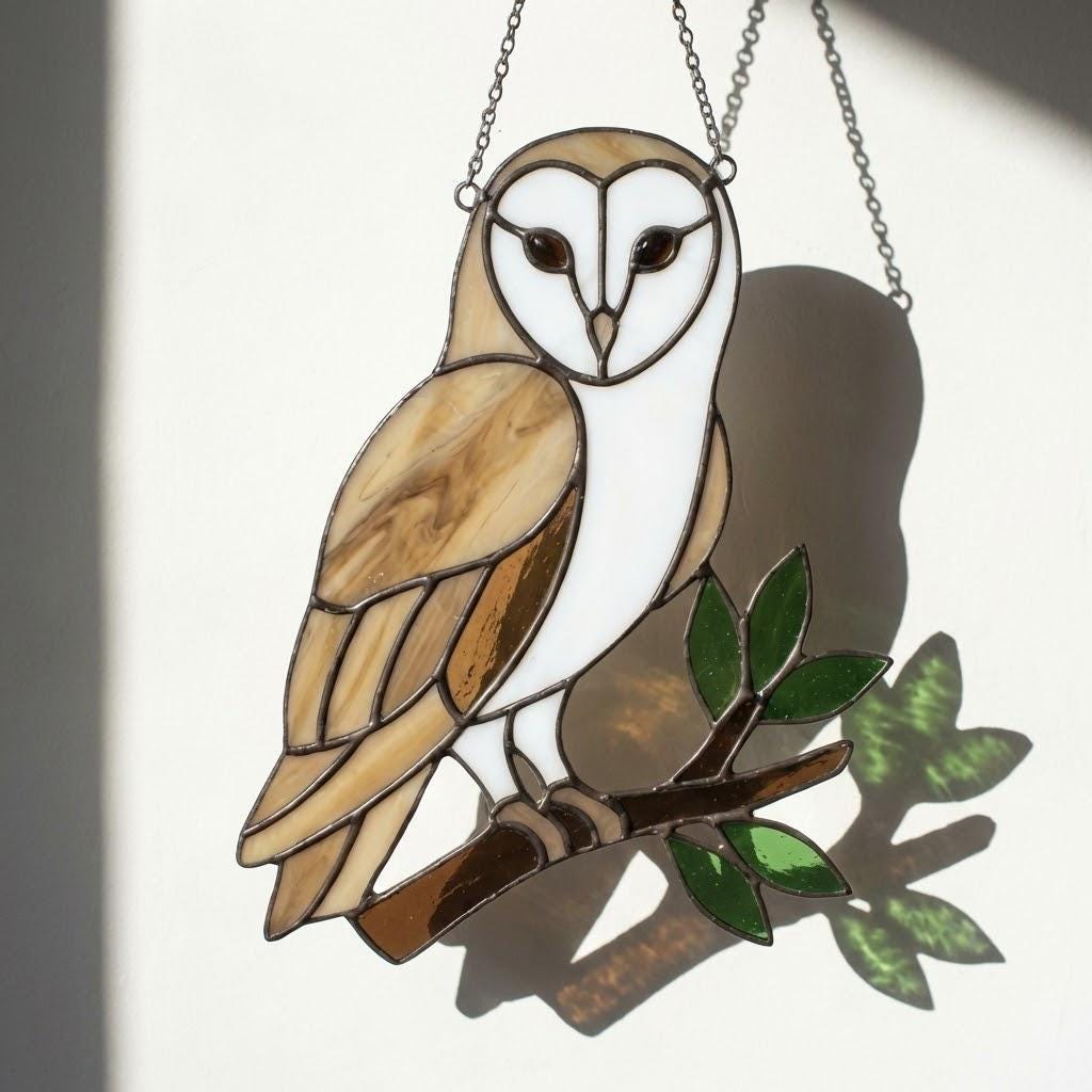 Barn Owl Stained Glass Suncatcher | Woodland Nursery Decor | Bird Lover Gift for Mom | Cottagecore Window Hanging | White Nature Art