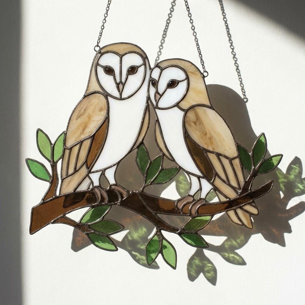 Barn Owl Stained Glass Suncatcher | Woodland Nursery Decor | Bird Lover Gift for Mom | Cottagecore Window Hanging | White Nature Art