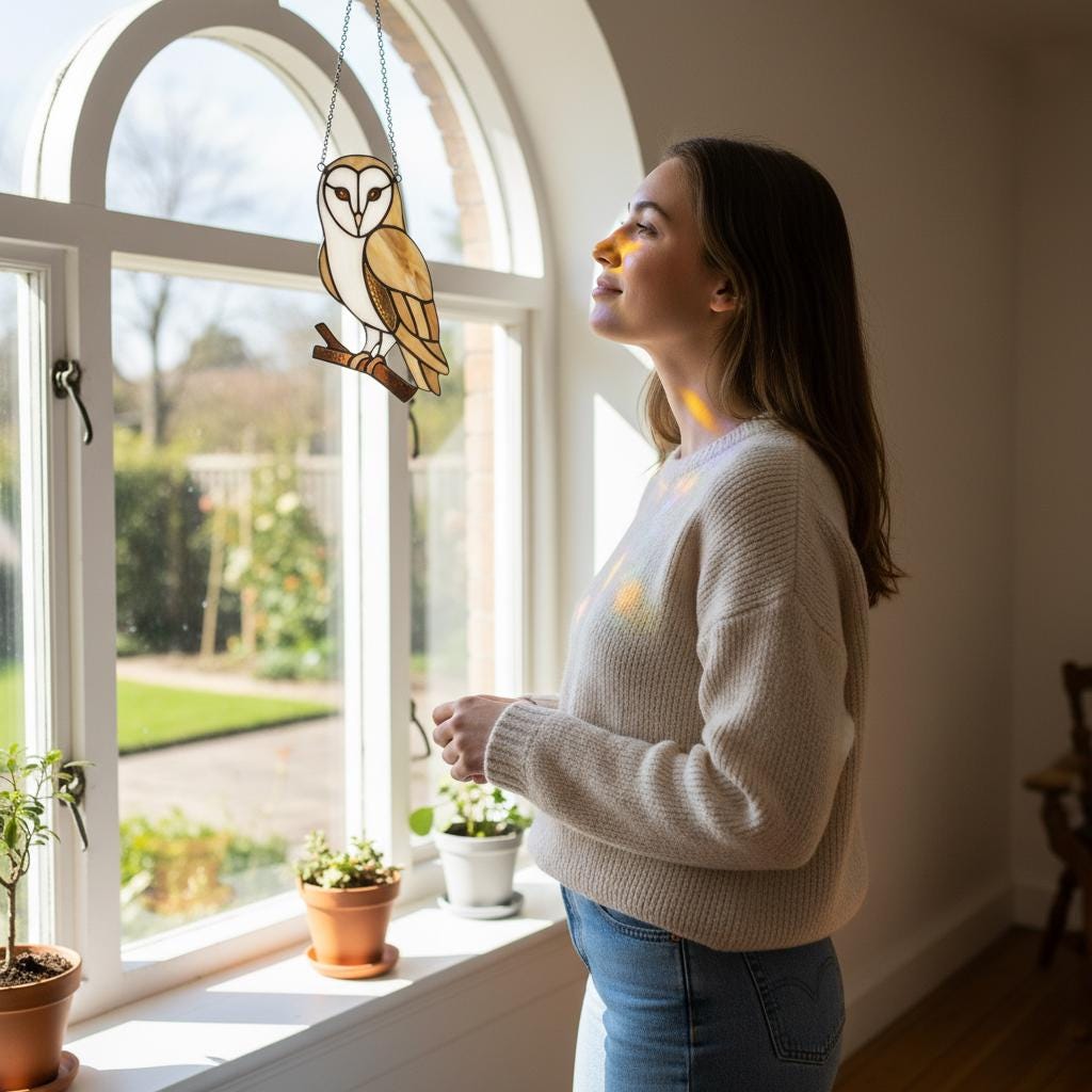 Barn Owl Stained Glass Suncatcher | Woodland Nursery Decor | Bird Lover Gift for Mom | Cottagecore Window Hanging | White Nature Art