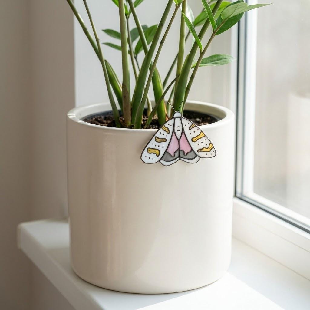 Stained Glass Moth Plant Stake | Luna Moth Pot Sitter | Butterfly Indoor Garden Decor | Plant Lover Gift | Flower Pot Accessories | 1 Pc