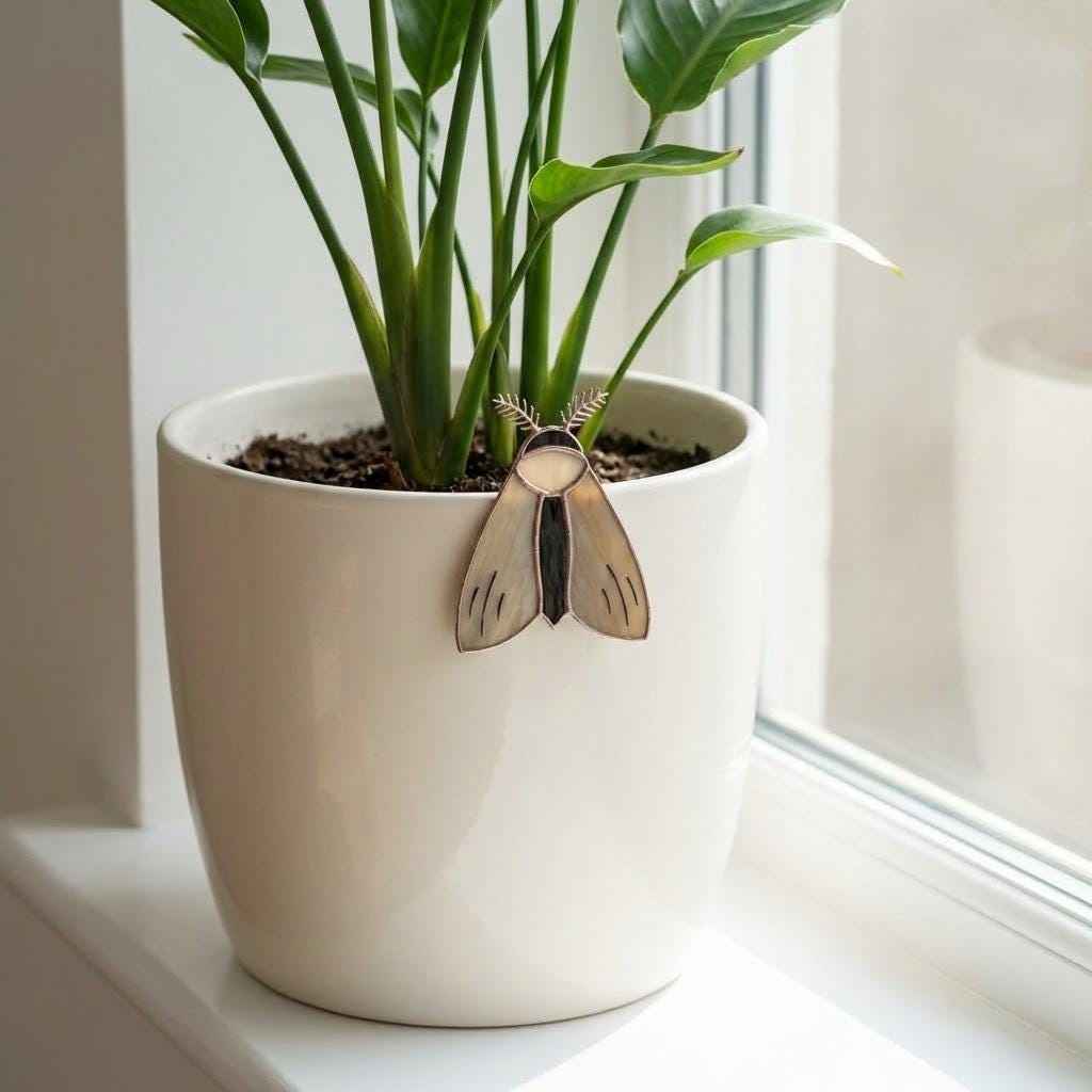Stained Glass Moth Plant Stake | Luna Moth Pot Sitter | Butterfly Indoor Garden Decor | Plant Lover Gift | Flower Pot Accessories | 1 Pc