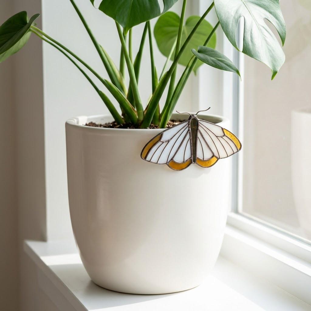 Stained Glass Moth Plant Stake | Luna Moth Pot Sitter | Butterfly Indoor Garden Decor | Plant Lover Gift | Flower Pot Accessories | 1 Pc