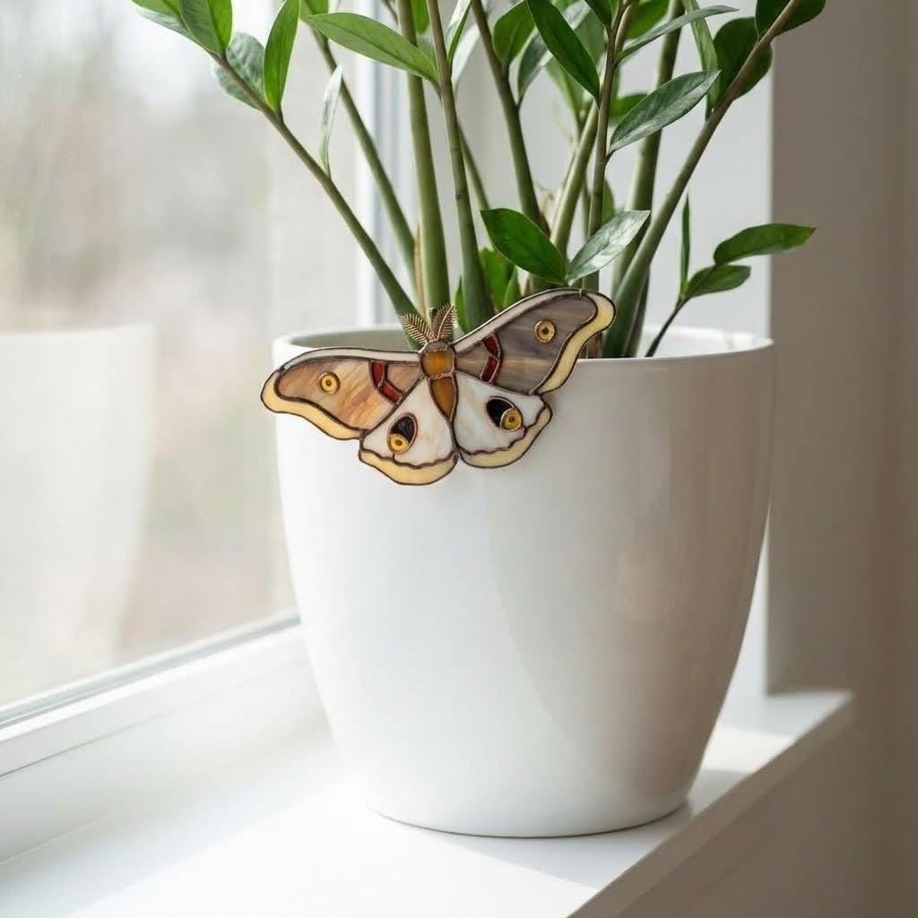 Stained Glass Moth Plant Stake | Luna Moth Pot Sitter | Butterfly Indoor Garden Decor | Plant Lover Gift | Flower Pot Accessories | 1 Pc