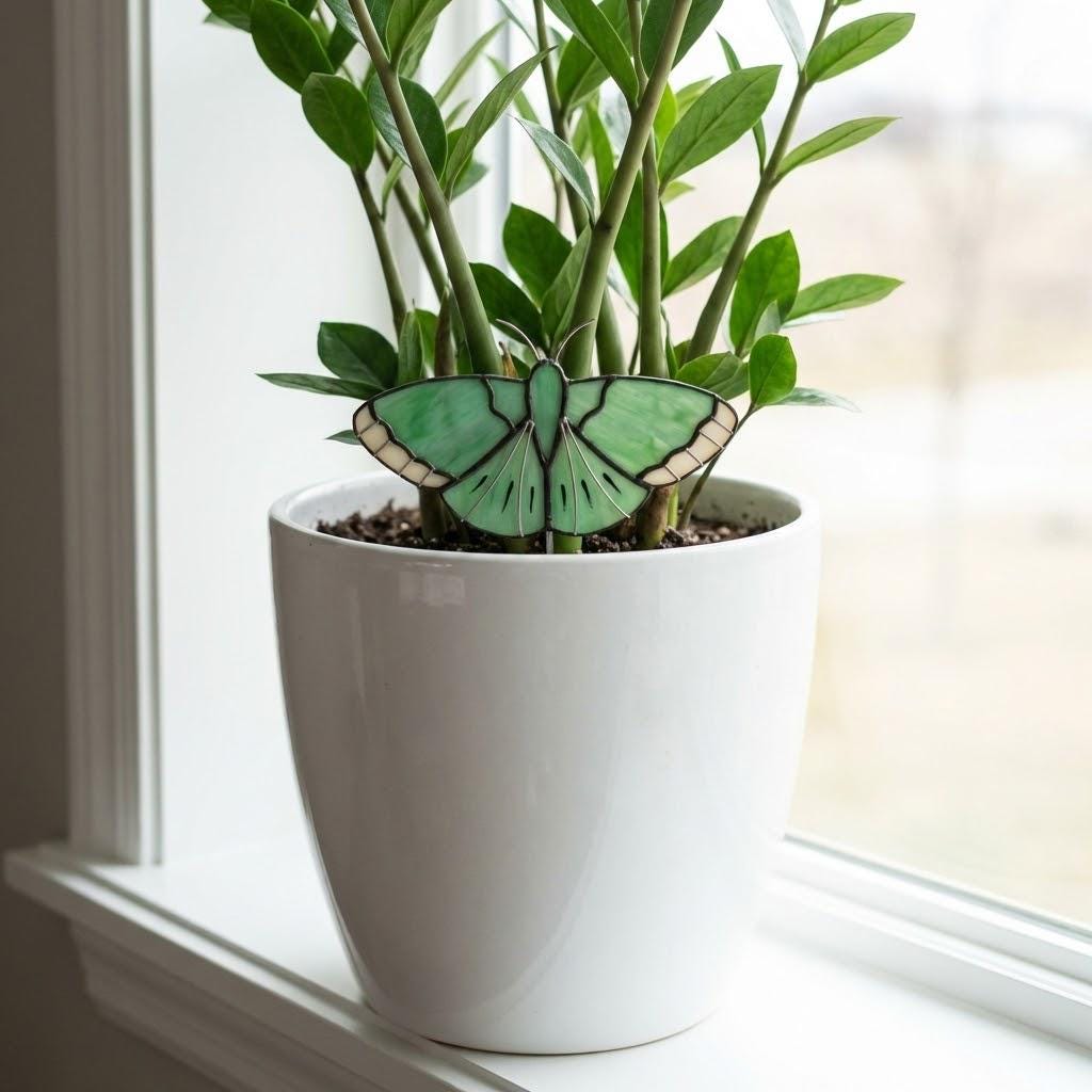 Stained Glass Moth Plant Stake | Luna Moth Pot Sitter | Butterfly Indoor Garden Decor | Plant Lover Gift | Flower Pot Accessories | 1 Pc