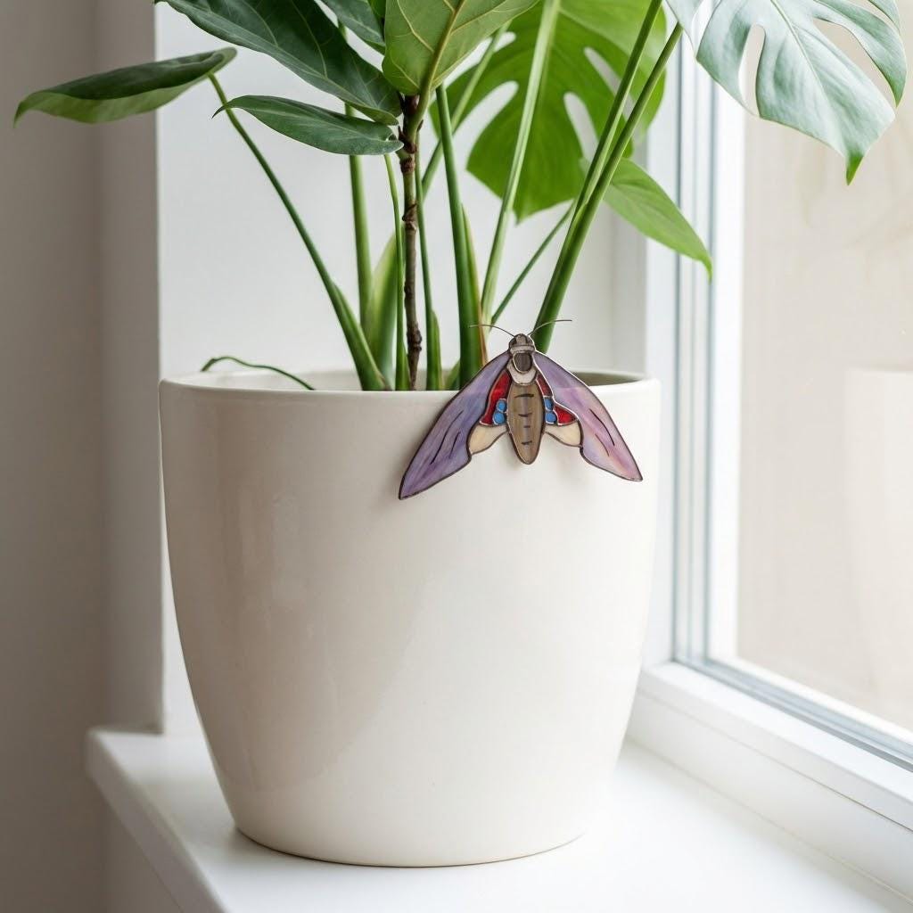 Stained Glass Moth Plant Stake | Luna Moth Pot Sitter | Butterfly Indoor Garden Decor | Plant Lover Gift | Flower Pot Accessories | 1 Pc