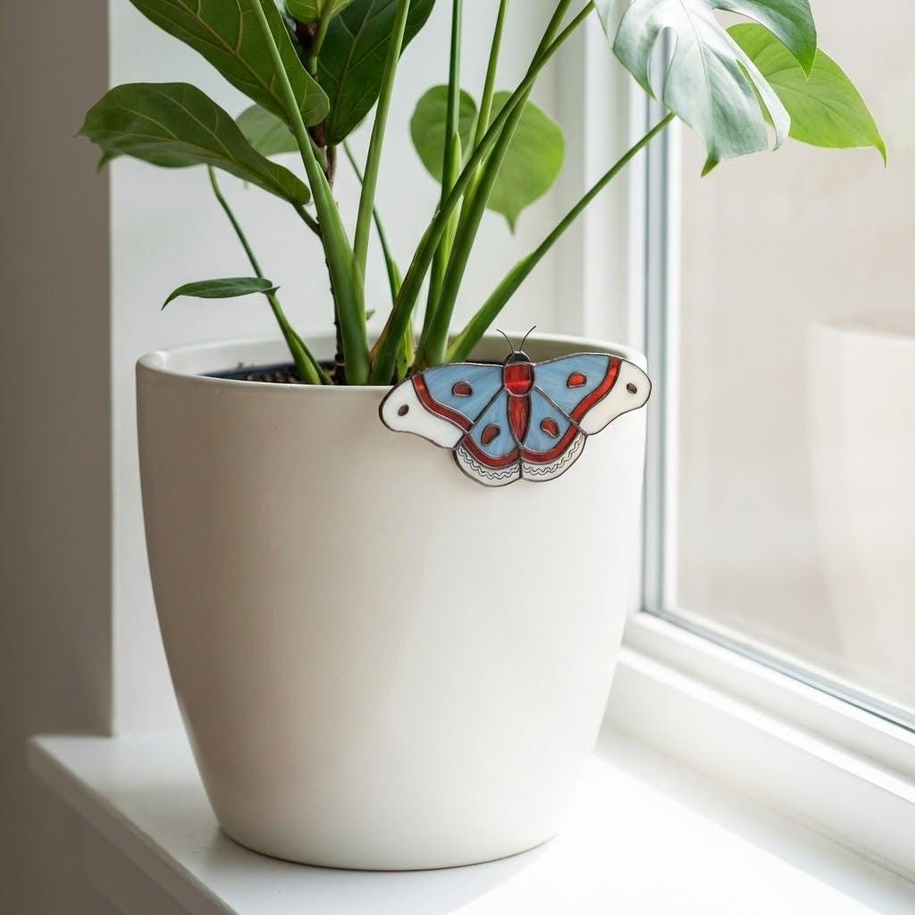 Stained Glass Moth Plant Stake | Luna Moth Pot Sitter | Butterfly Indoor Garden Decor | Plant Lover Gift | Flower Pot Accessories | 1 Pc