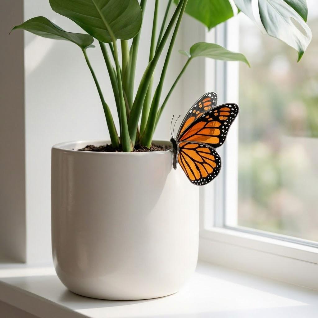 Handmade Stained Glass Butterfly Stake | Flower Pot Suncatcher | Fairy Garden Accessories | Plant Mom Housewarming Gift, Valentine's Day