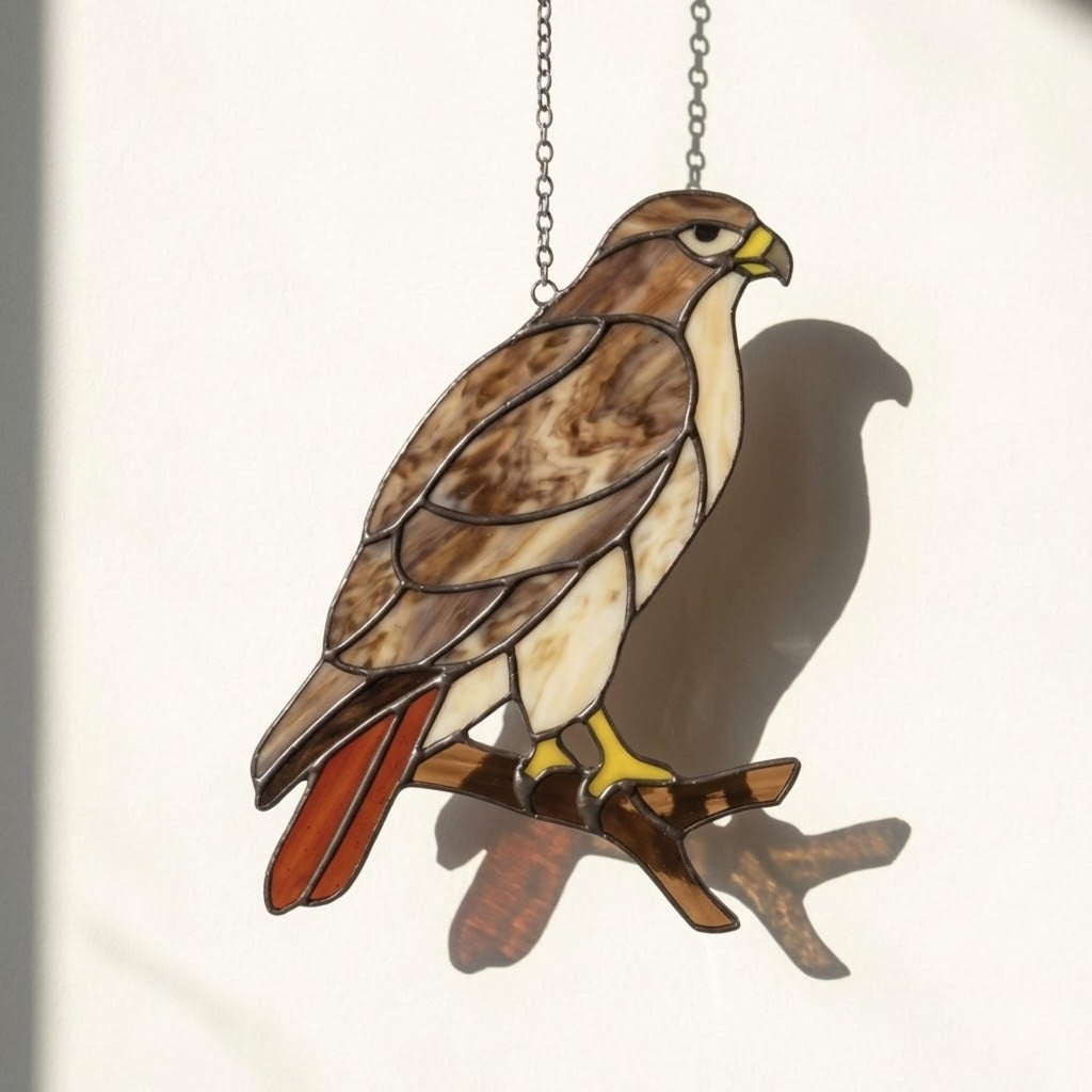 Handmade stained glass red tailed hawk suncatcher, realistic raptor bird window hanging, brown and rust wildlife decor, memorial gift for dad.