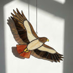 Handmade stained glass red tailed hawk suncatcher, realistic raptor bird window hanging, brown and rust wildlife decor, memorial gift for dad.