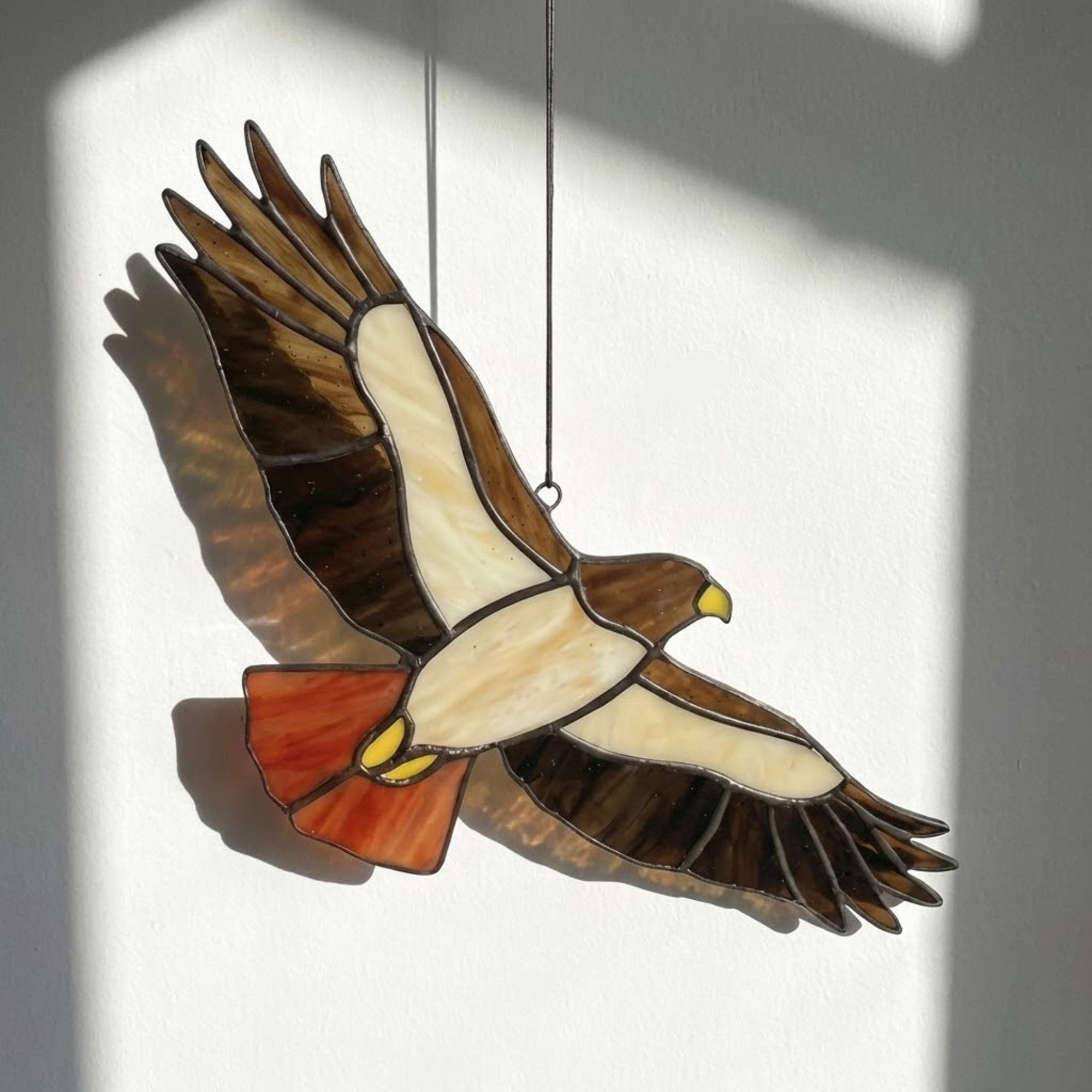 Handmade stained glass red tailed hawk suncatcher, realistic raptor bird window hanging, brown and rust wildlife decor, memorial gift for dad.