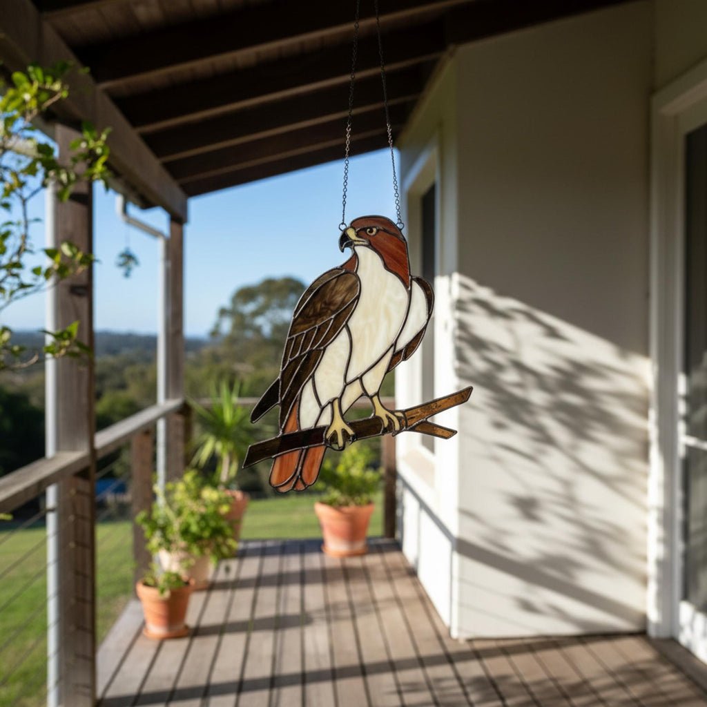 Handmade stained glass red tailed hawk suncatcher, realistic raptor bird window hanging, brown and rust wildlife decor, memorial gift for dad.