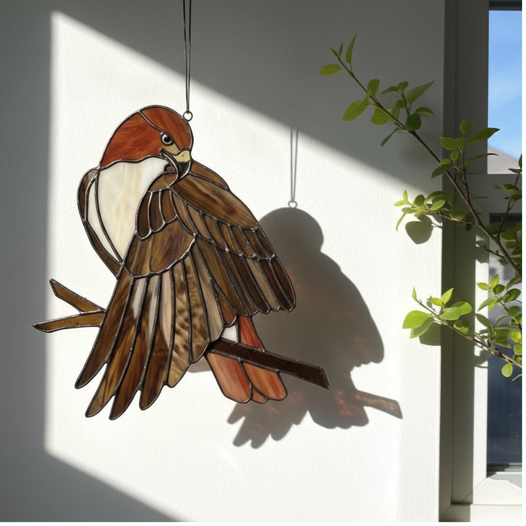 Handmade stained glass red tailed hawk suncatcher, realistic raptor bird window hanging, brown and rust wildlife decor, memorial gift for dad.