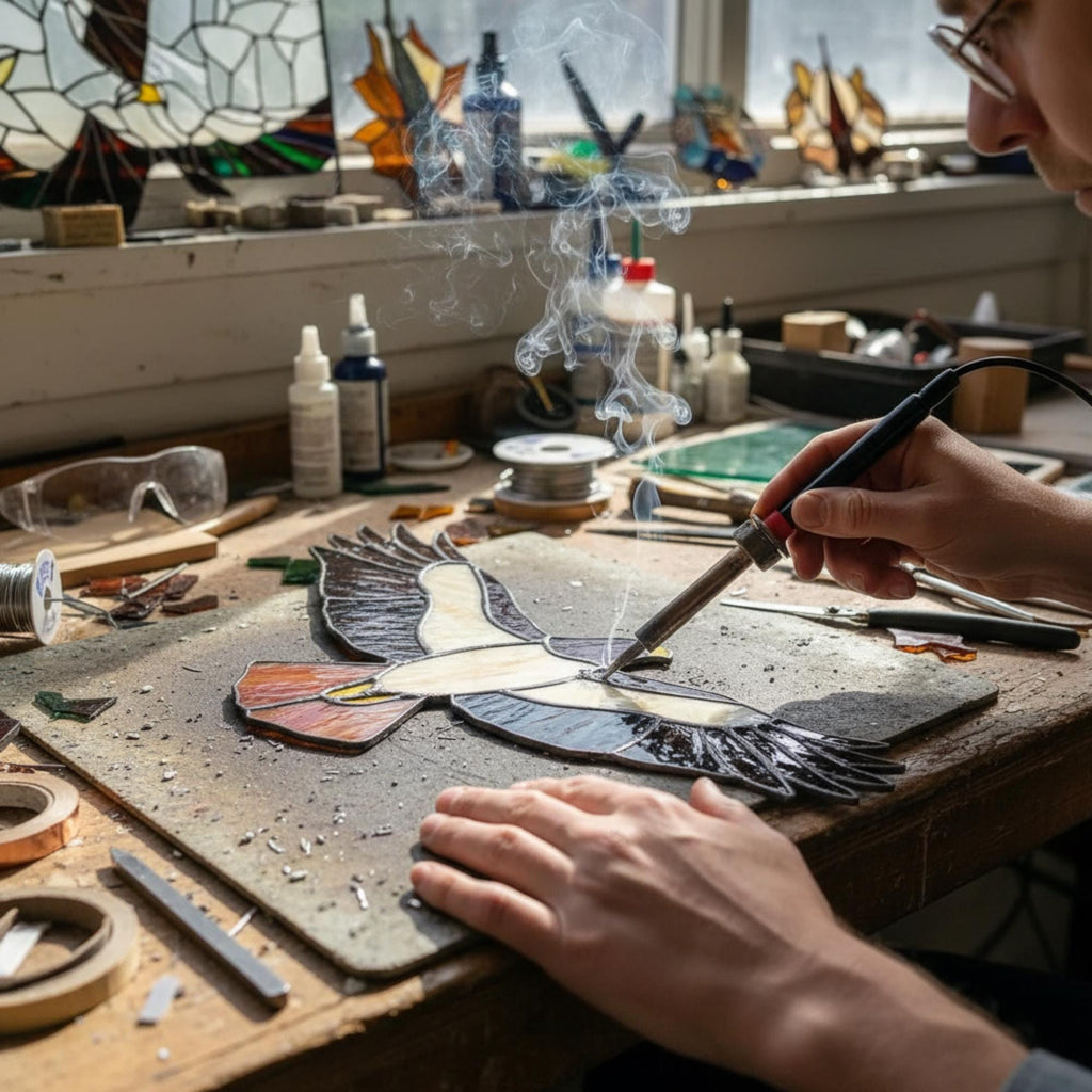 Handmade stained glass red tailed hawk suncatcher, realistic raptor bird window hanging, brown and rust wildlife decor, memorial gift for dad.