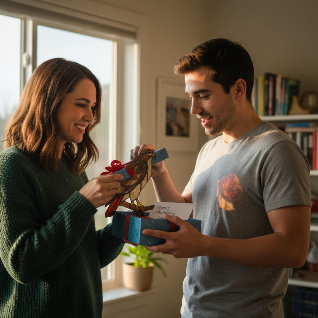 Handmade stained glass red tailed hawk suncatcher, realistic raptor bird window hanging, brown and rust wildlife decor, memorial gift for dad.