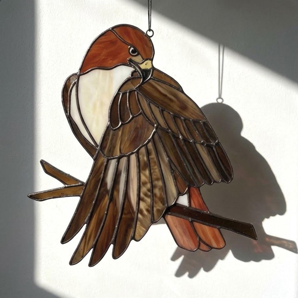 Handmade stained glass red tailed hawk suncatcher, realistic raptor bird window hanging, brown and rust wildlife decor, memorial gift for dad.