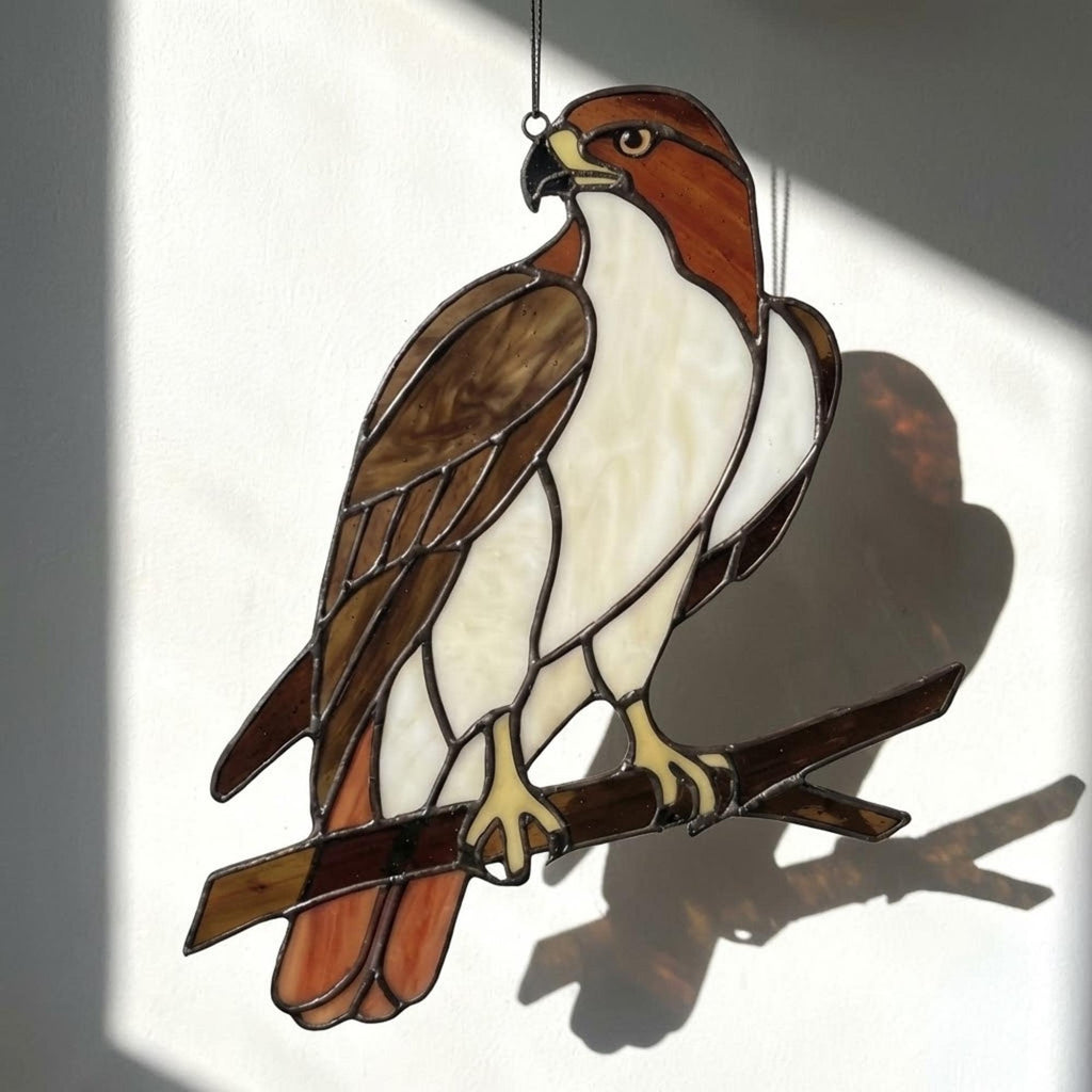 Handmade stained glass red tailed hawk suncatcher, realistic raptor bird window hanging, brown and rust wildlife decor, memorial gift for dad.