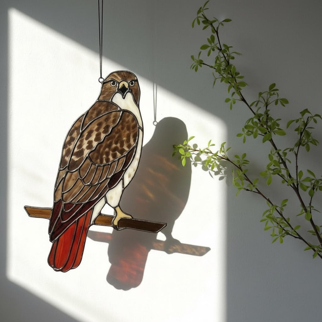 Handmade stained glass red tailed hawk suncatcher, realistic raptor bird window hanging, brown and rust wildlife decor, memorial gift for dad.