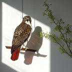 Handmade stained glass red tailed hawk suncatcher, realistic raptor bird window hanging, brown and rust wildlife decor, memorial gift for dad.