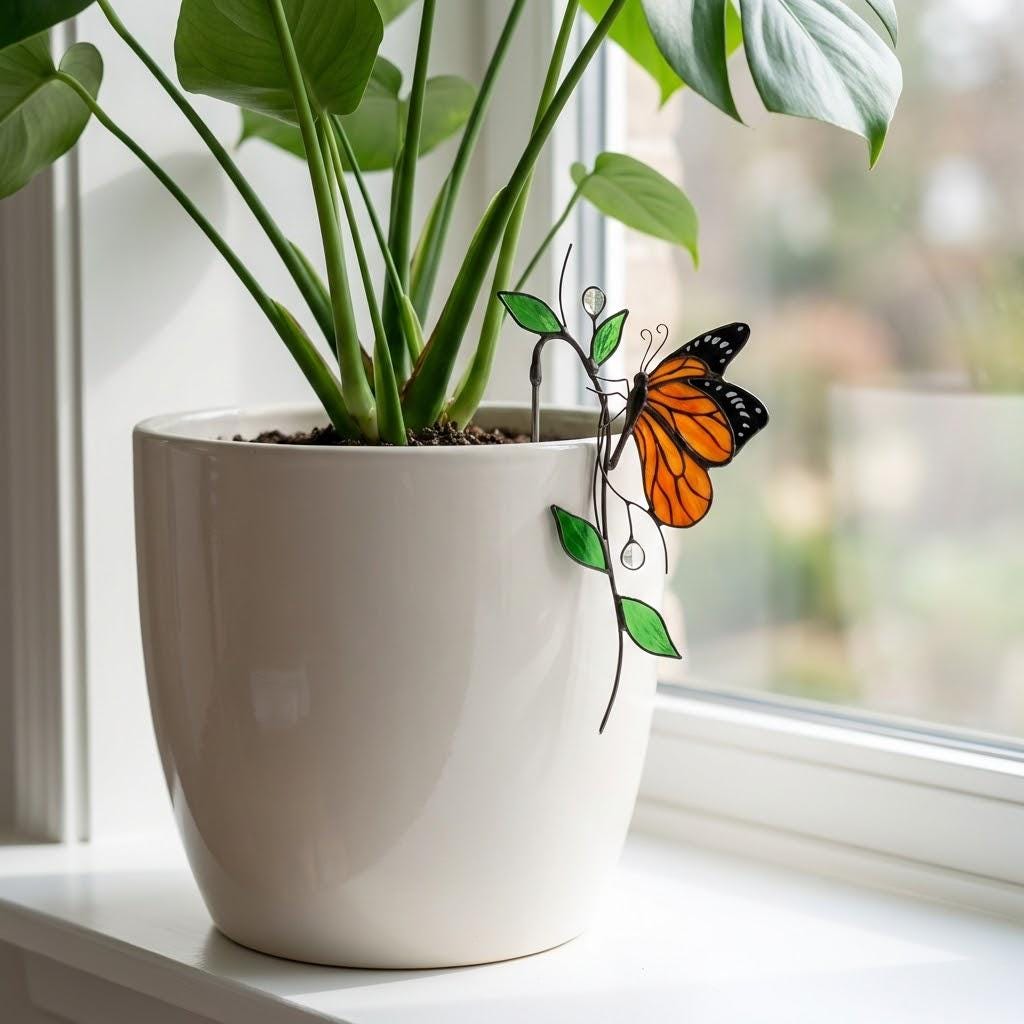 Monarch Butterfly Stained Glass Plant Stake | Suncatcher Pot Decor | Gardener Gift for Mom | Indoor Planter Art | Butterfly Lover Gift
