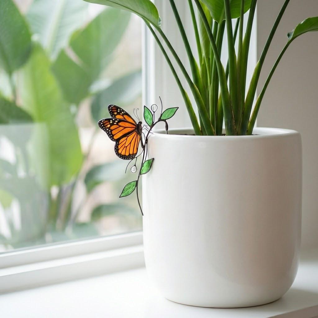 Monarch Butterfly Stained Glass Plant Stake | Suncatcher Pot Decor | Gardener Gift for Mom | Indoor Planter Art | Butterfly Lover Gift