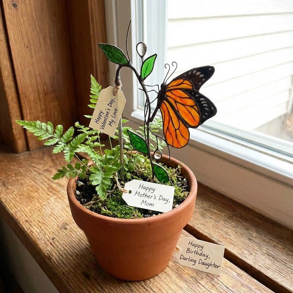 Monarch Butterfly Stained Glass Plant Stake | Suncatcher Pot Decor | Gardener Gift for Mom | Indoor Planter Art | Butterfly Lover Gift