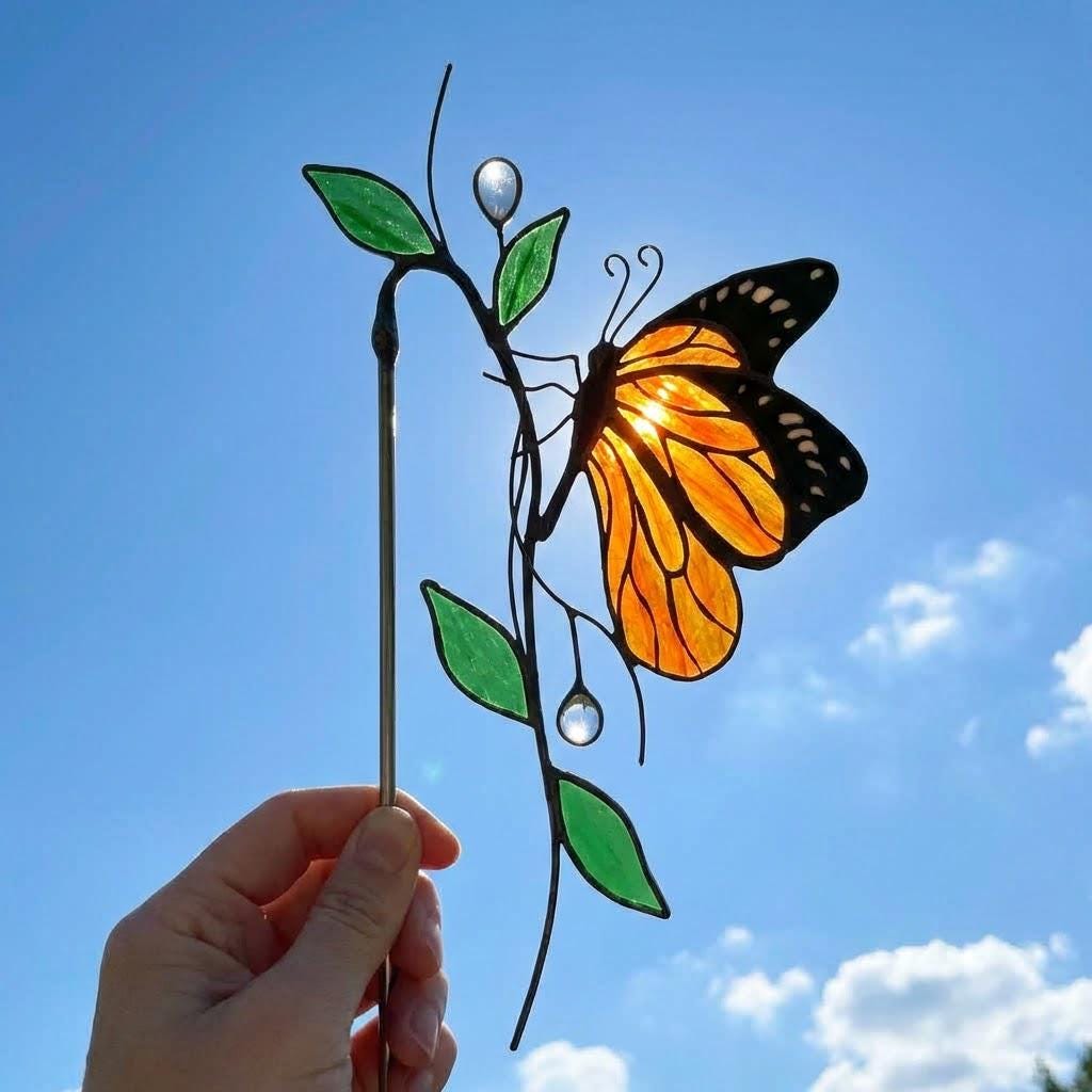 Monarch Butterfly Stained Glass Plant Stake | Suncatcher Pot Decor | Gardener Gift for Mom | Indoor Planter Art | Butterfly Lover Gift