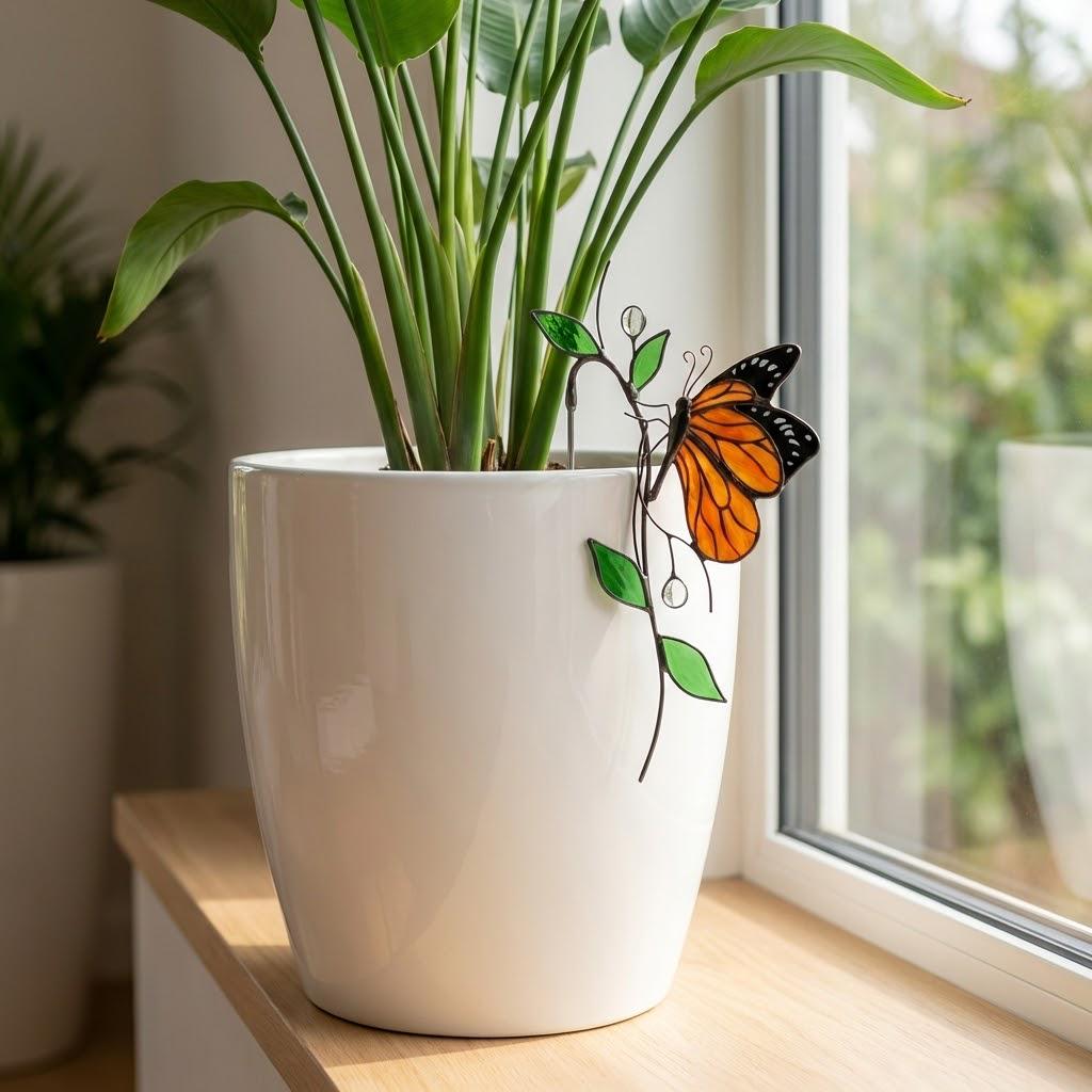 Monarch Butterfly Stained Glass Plant Stake | Suncatcher Pot Decor | Gardener Gift for Mom | Indoor Planter Art | Butterfly Lover Gift