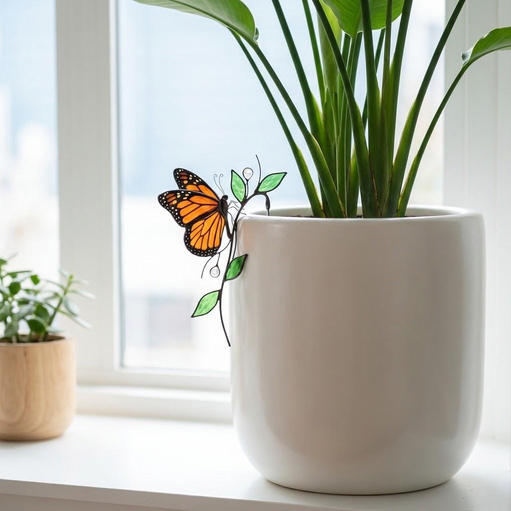 Monarch Butterfly Stained Glass Plant Stake | Suncatcher Pot Decor | Gardener Gift for Mom | Indoor Planter Art | Butterfly Lover Gift