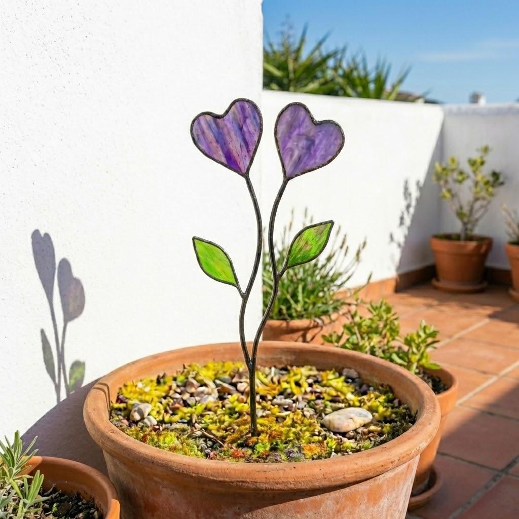 Colorful stained glass heart plant stakes with green leaves in a flower pot, gift box packaging, garden decor for plant lovers.