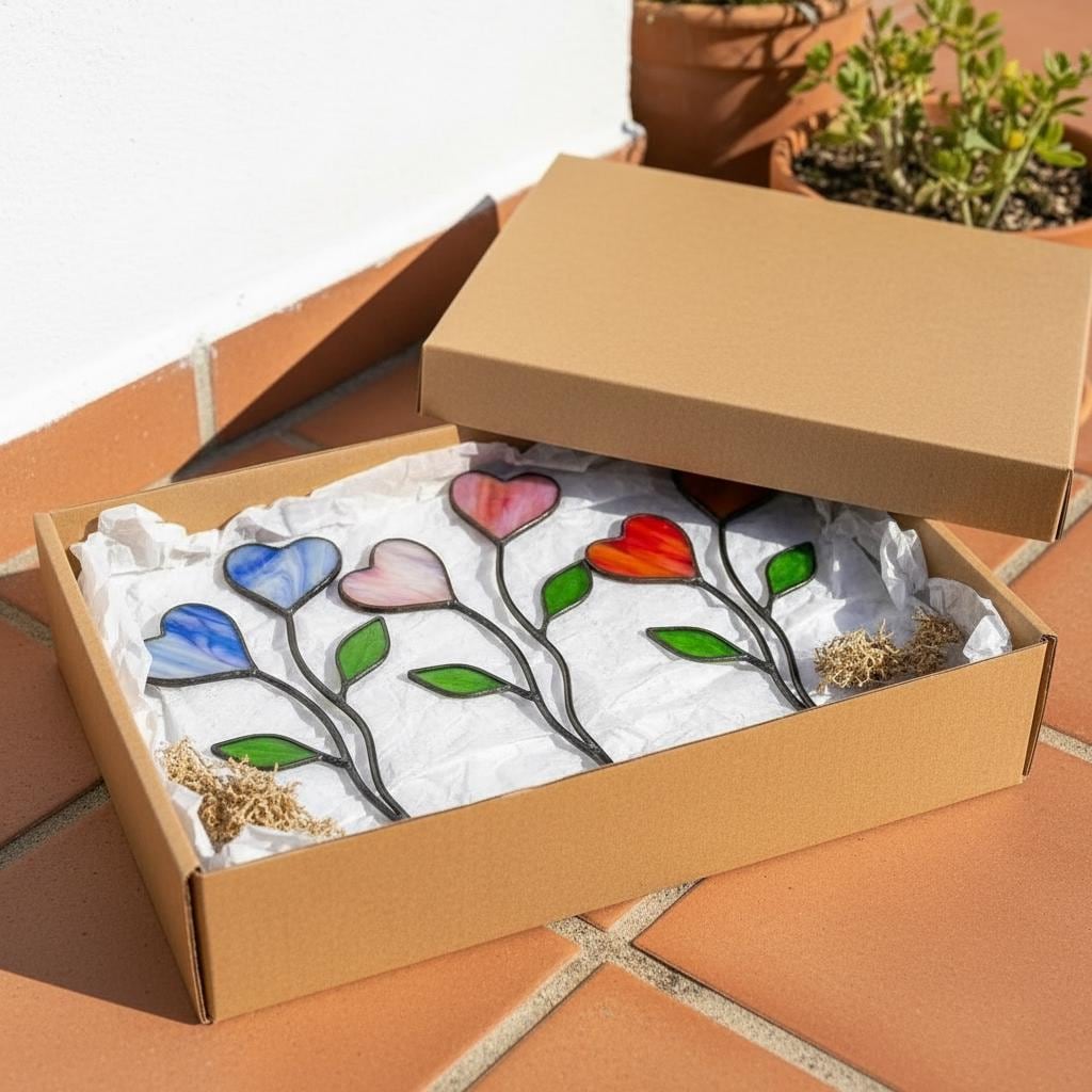 Colorful stained glass heart plant stakes with green leaves in a flower pot, gift box packaging, garden decor for plant lovers.