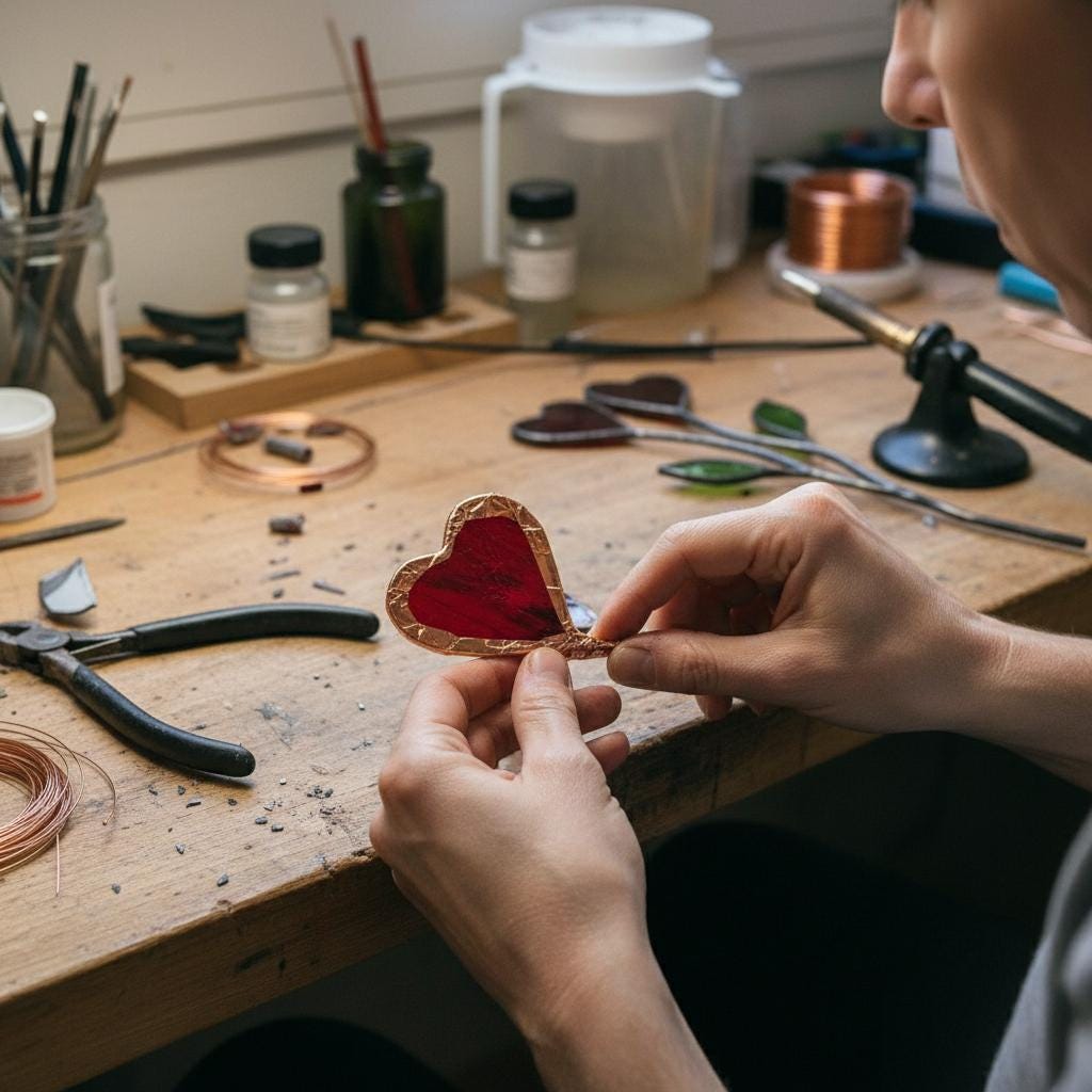 Colorful stained glass heart plant stakes with green leaves in a flower pot, gift box packaging, garden decor for plant lovers.