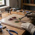 Colorful stained glass heart plant stakes with green leaves in a flower pot, gift box packaging, garden decor for plant lovers.
