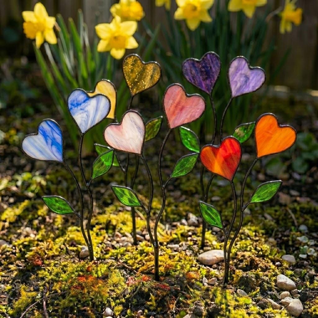 Colorful stained glass heart plant stakes with green leaves in a flower pot, gift box packaging, garden decor for plant lovers.