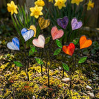 Colorful stained glass heart plant stakes with green leaves in a flower pot, gift box packaging, garden decor for plant lovers.