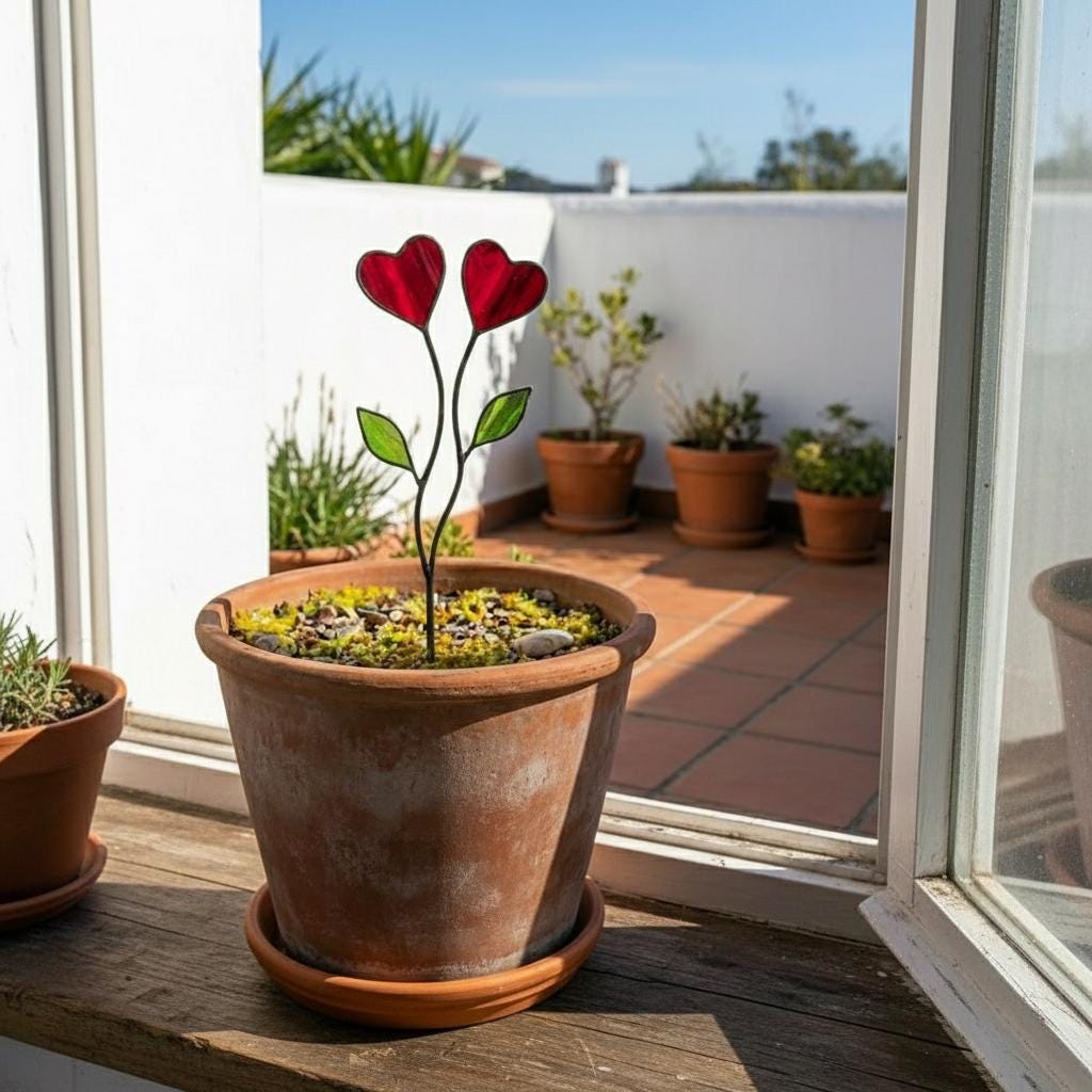 Colorful stained glass heart plant stakes with green leaves in a flower pot, gift box packaging, garden decor for plant lovers.