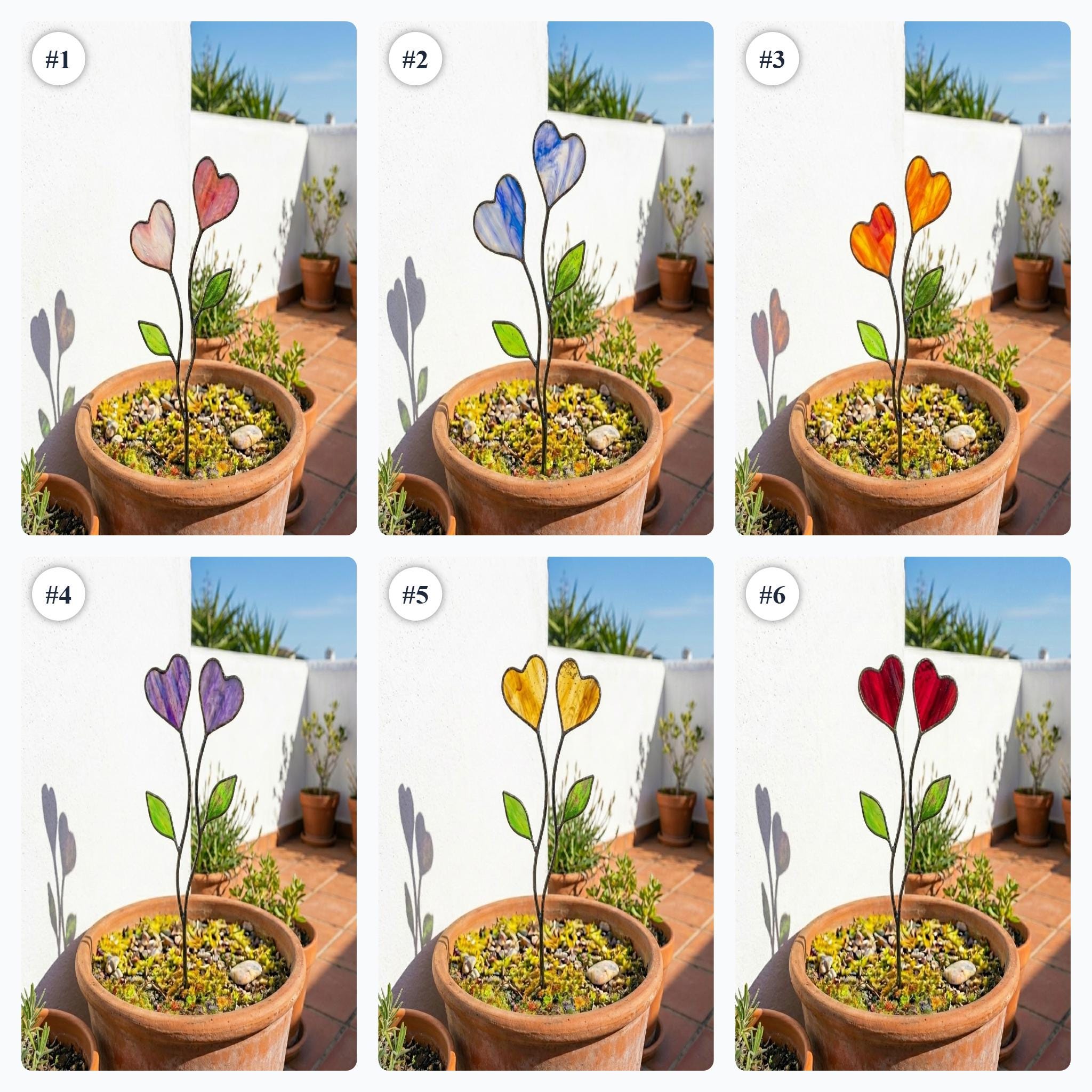 Colorful stained glass heart plant stakes with green leaves in a flower pot, gift box packaging, garden decor for plant lovers.