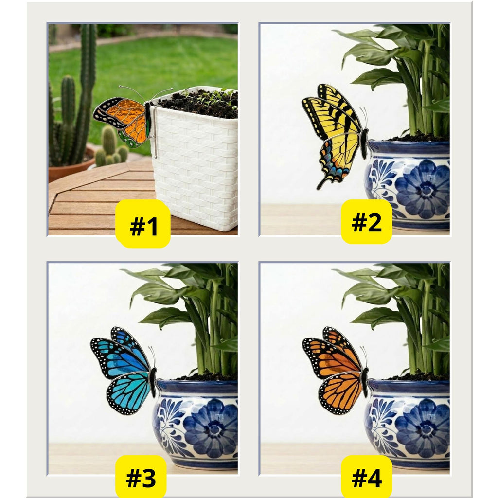 Handmade stained glass monarch butterfly plant stake with vibrant orange and black wings, suncatcher pot sitter for indoor plants, gift for butterfly lover.