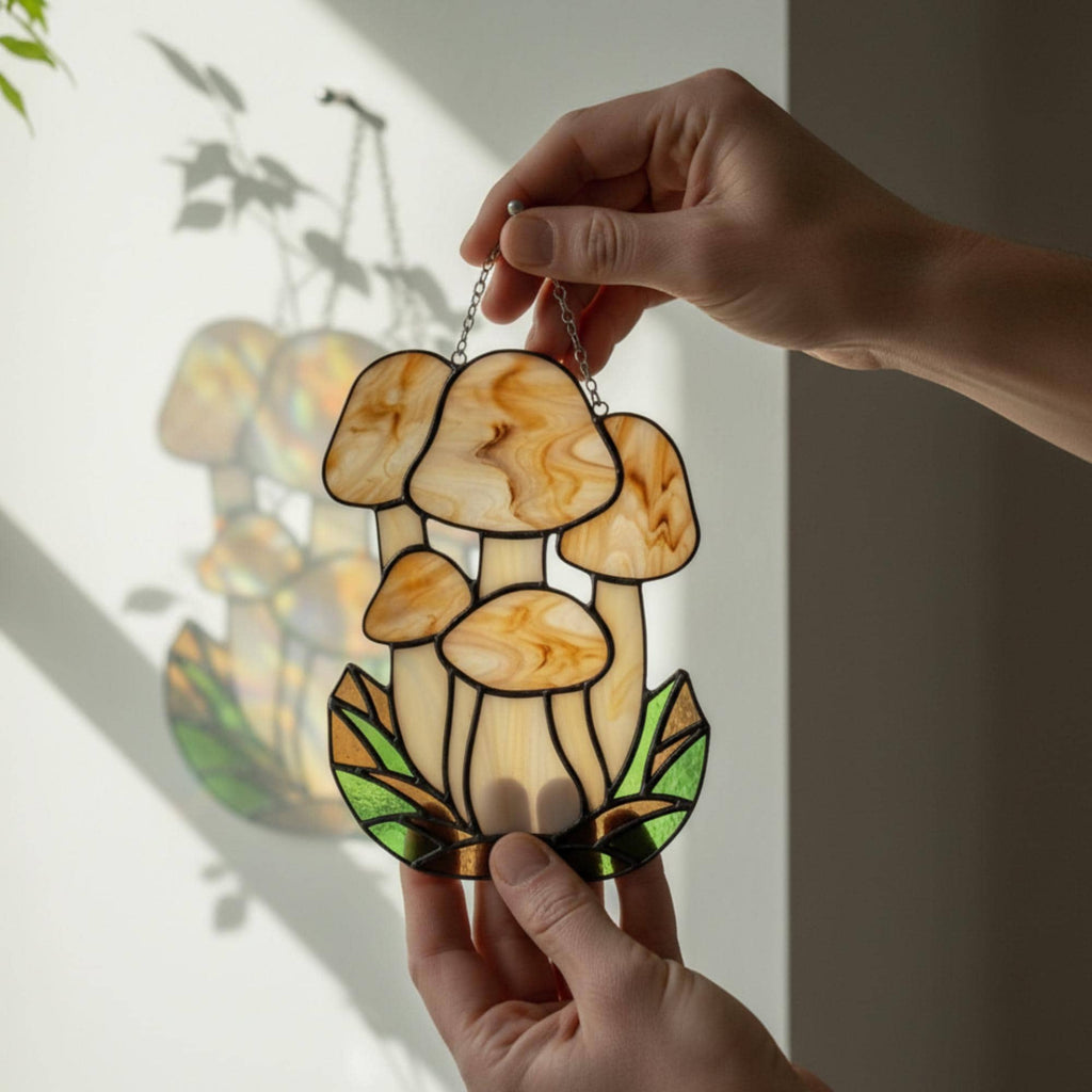 Handmade stained glass mushroom suncatcher with green grass base, colorful fungi window hanging, cottagecore forest decor for plant lovers.