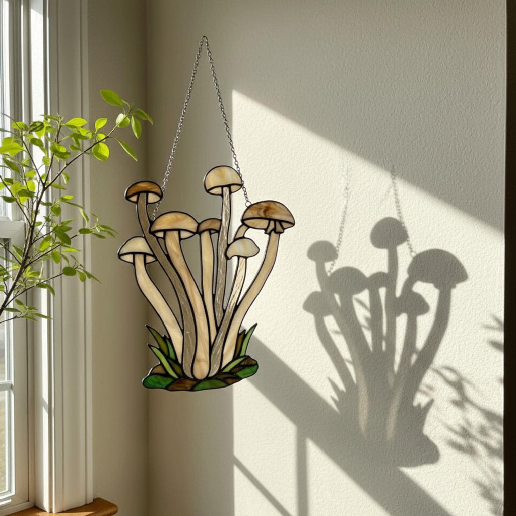 Handmade stained glass mushroom suncatcher with green grass base, colorful fungi window hanging, cottagecore forest decor for plant lovers.
