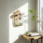 Handmade stained glass mushroom suncatcher with green grass base, colorful fungi window hanging, cottagecore forest decor for plant lovers.