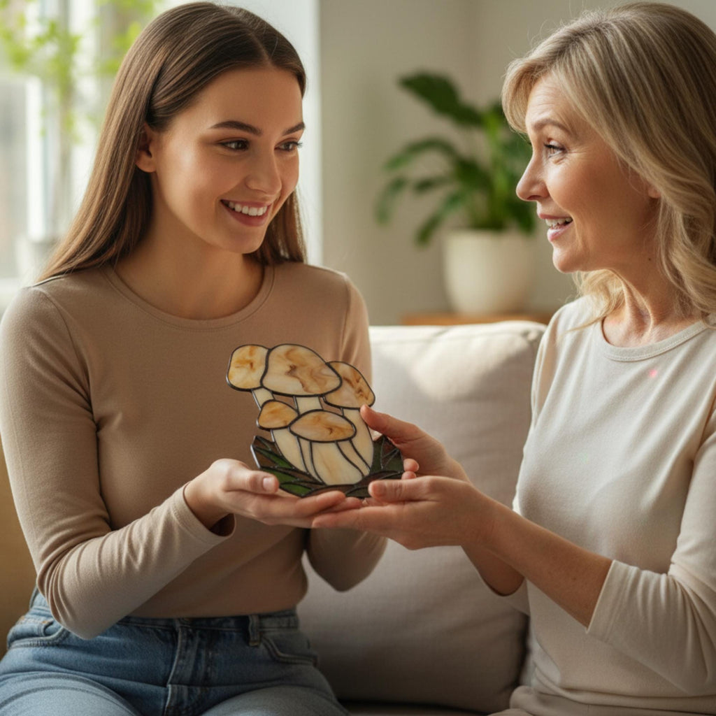 Handmade stained glass mushroom suncatcher with green grass base, colorful fungi window hanging, cottagecore forest decor for plant lovers.