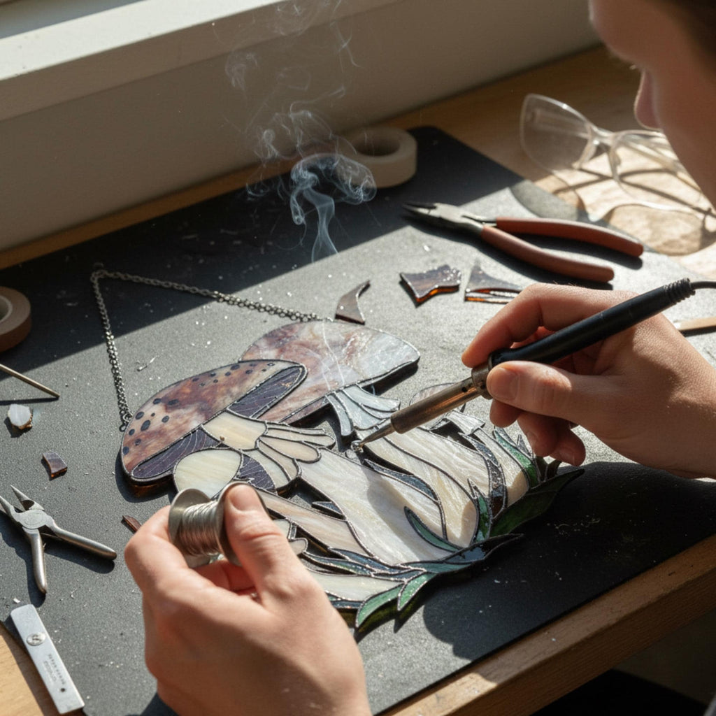 Handmade stained glass mushroom suncatcher with green grass base, colorful fungi window hanging, cottagecore forest decor for plant lovers.