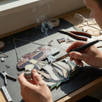 Handmade stained glass mushroom suncatcher with green grass base, colorful fungi window hanging, cottagecore forest decor for plant lovers.