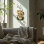 Handmade stained glass mushroom suncatcher with green grass base, colorful fungi window hanging, cottagecore forest decor for plant lovers.