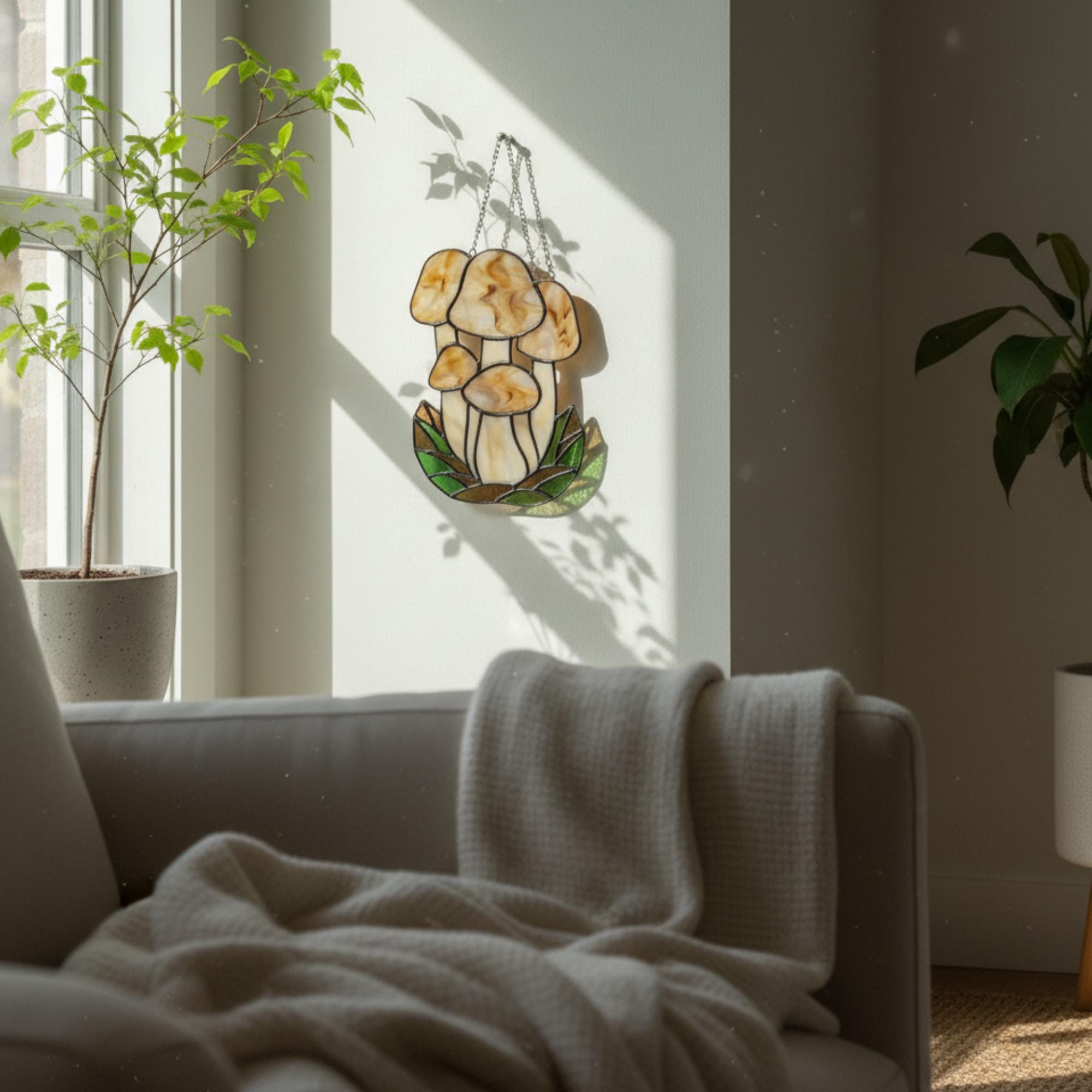 Handmade stained glass mushroom suncatcher with green grass base, colorful fungi window hanging, cottagecore forest decor for plant lovers.