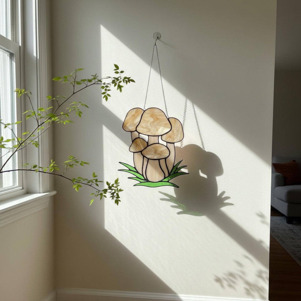 Handmade stained glass mushroom suncatcher with green grass base, colorful fungi window hanging, cottagecore forest decor for plant lovers.